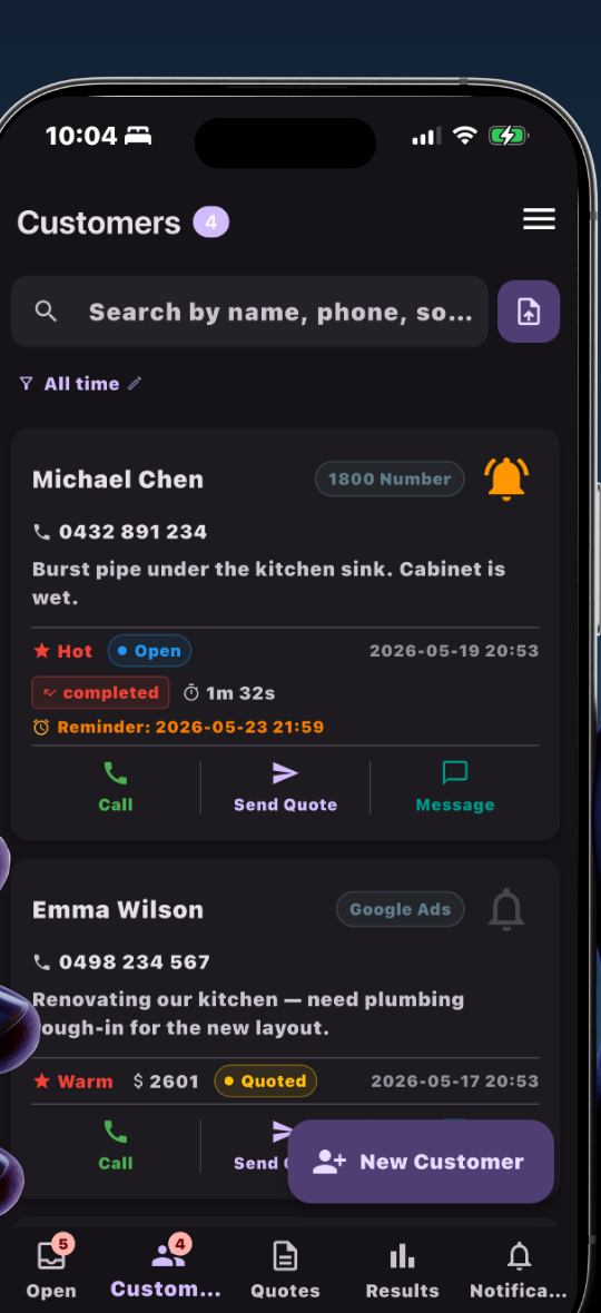 Leado Customers tab showing master list with Michael Chen and Emma Wilson, status pills and New Customer button