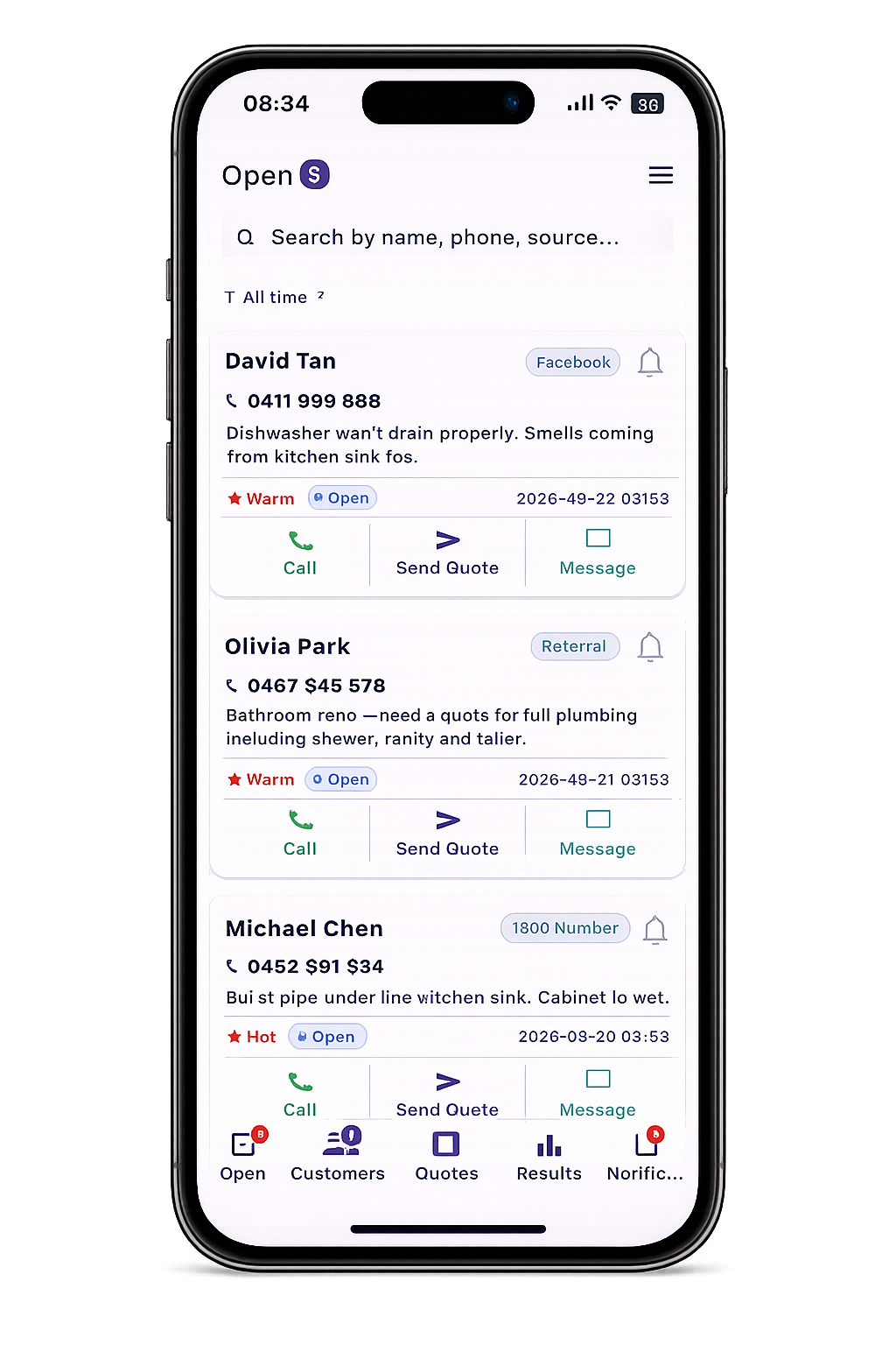 Leado Open tab showing customers needing action with status pills and one-tap Call / Send Quote / Message buttons