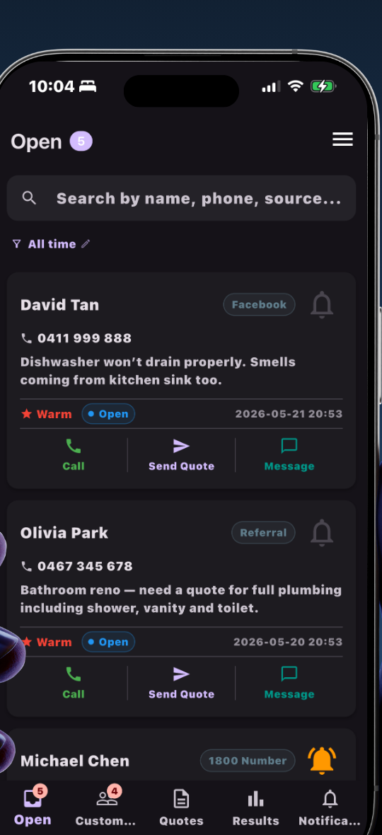 Leado Open tab showing leads needing action with status pills and follow-up reminders