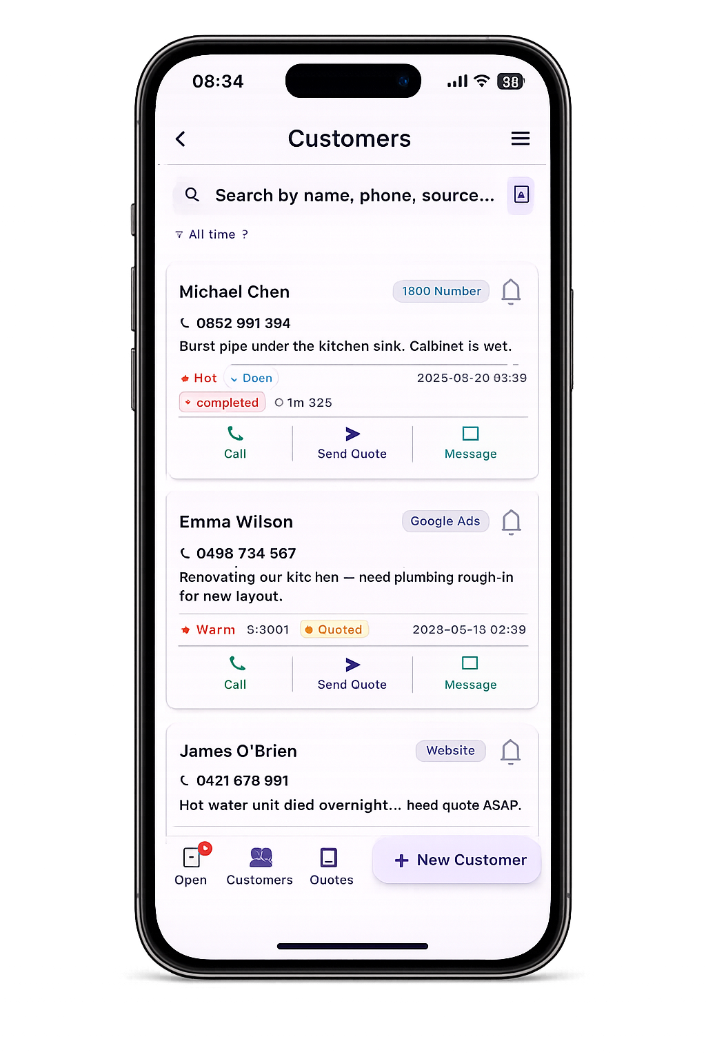 Leado Customers tab showing master list with Michael Chen, Emma Wilson and James O'Brien with status pills and a New Customer button