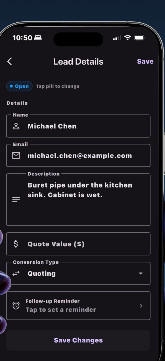 Leado lead detail screen with editable fields for name, email, description, quote value, conversion type and follow-up reminder