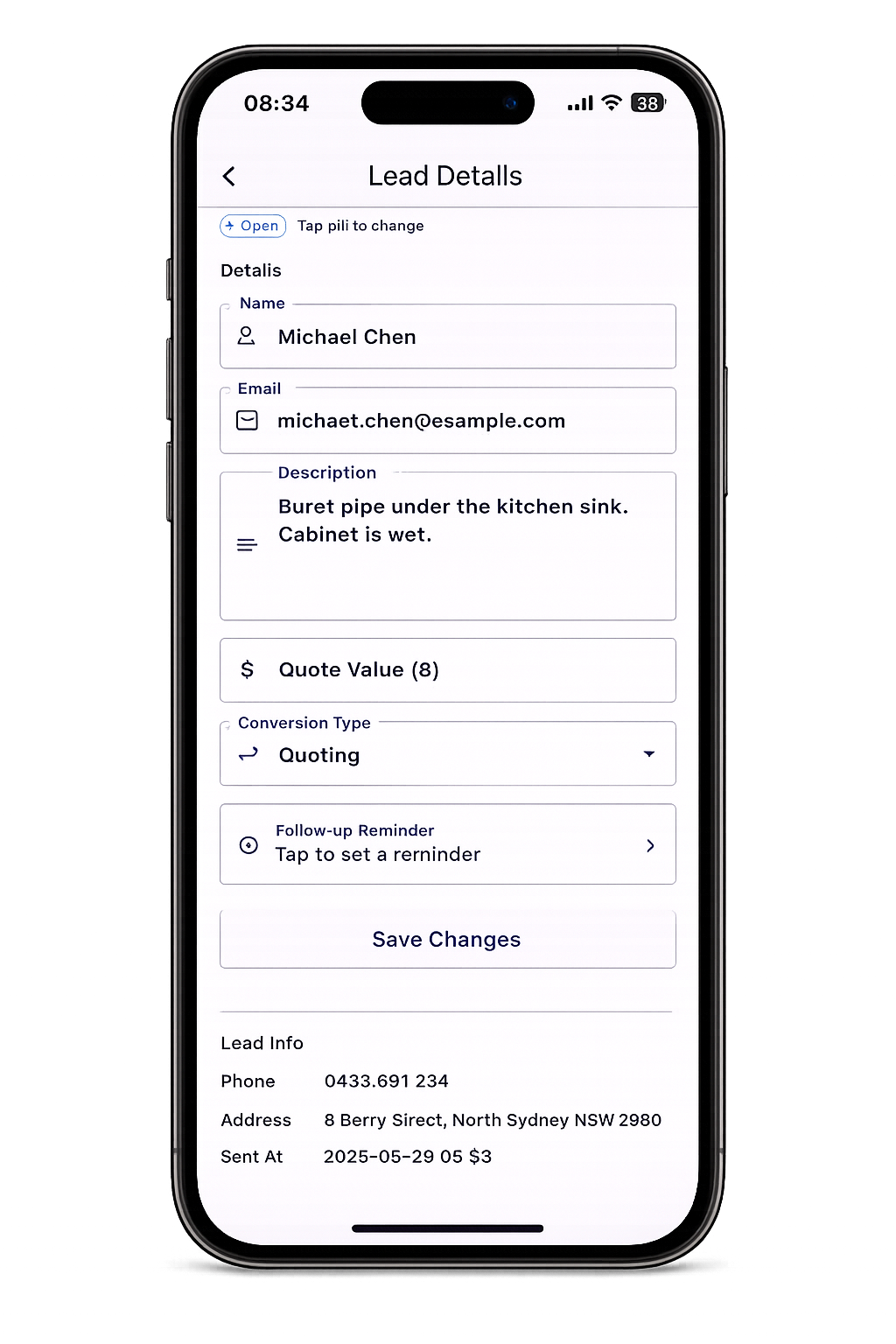 Leado customer detail screen with editable fields for name, email, description, quote value, conversion type and follow-up reminder