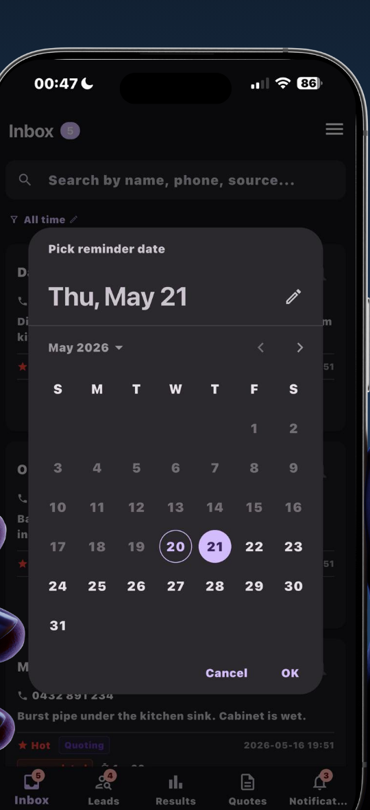Leado follow-up reminder date picker