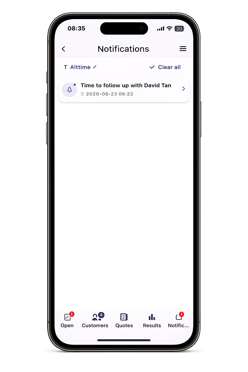 Leado Notifications tab showing a Time to follow up with David Tan reminder