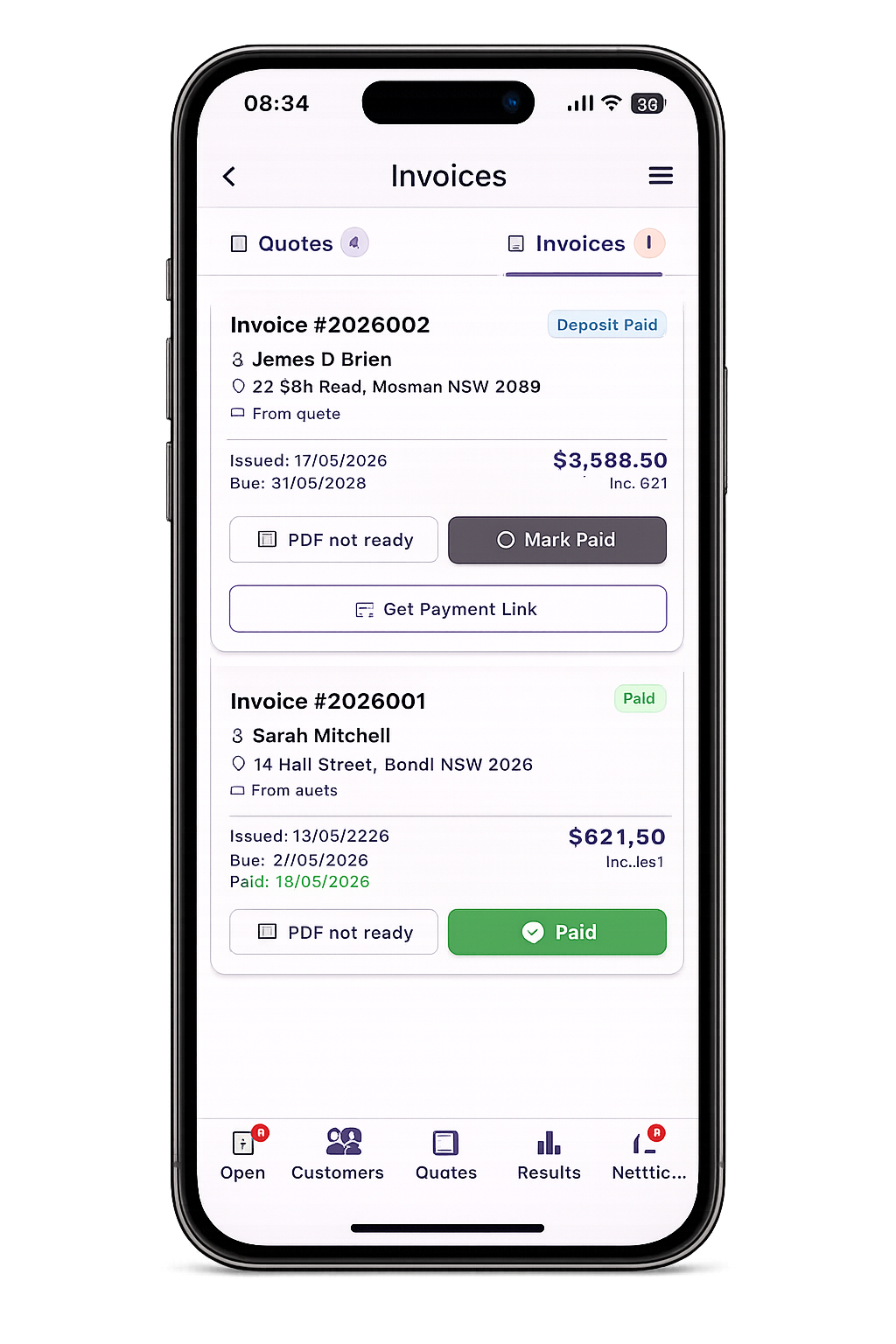 Leado Invoices tab showing James O'Brien with Mark Paid and Get Payment Link buttons, and Sarah Mitchell marked Paid