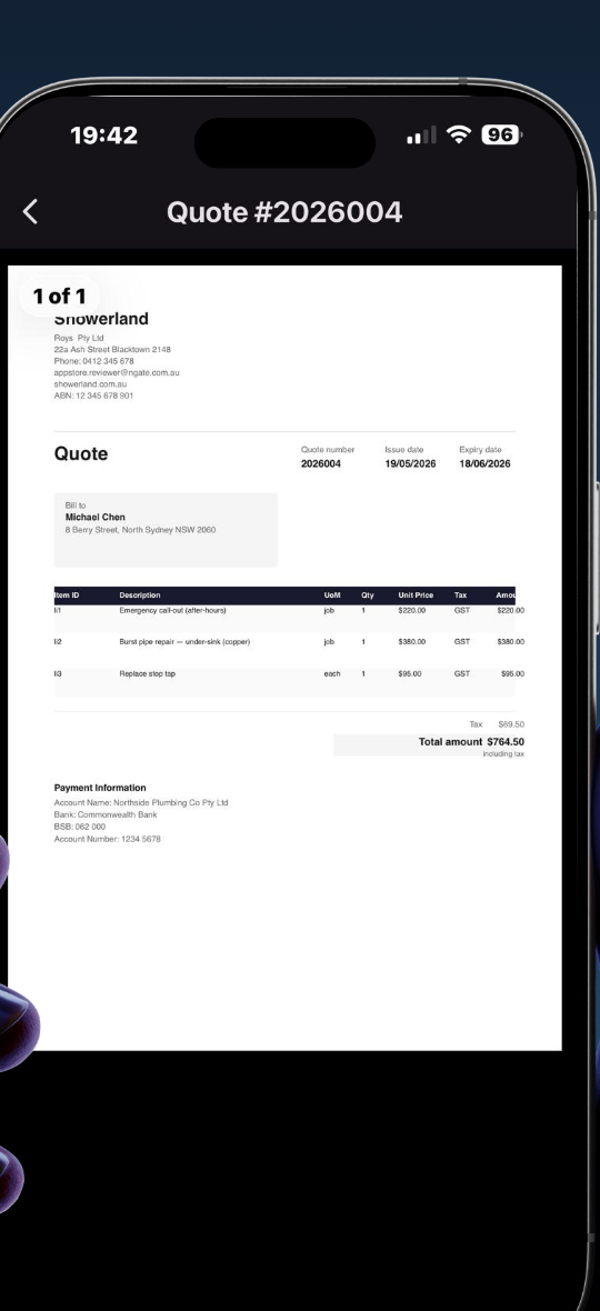 Branded Leado quote PDF preview shown inside the app