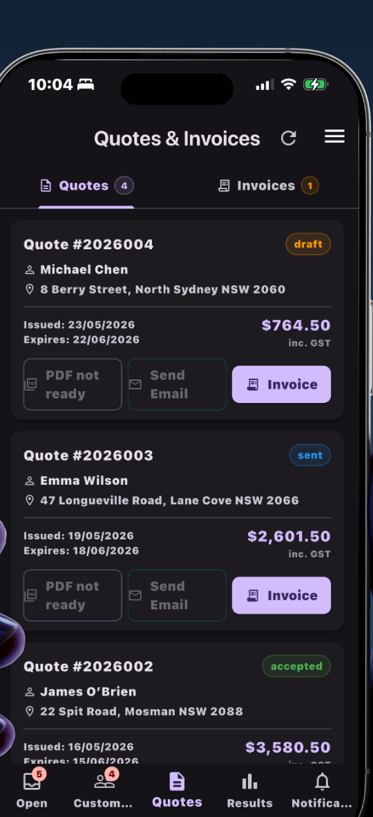 Leado Quotes and Invoices tabs showing draft, sent and accepted quotes with PDF and Send Email buttons