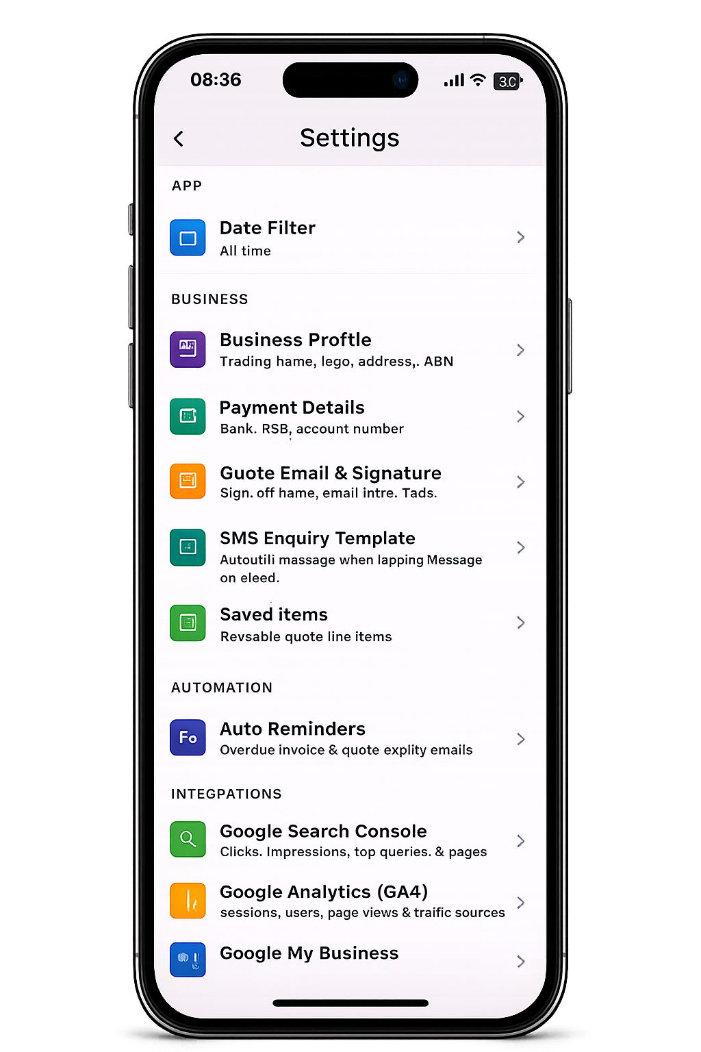Leado Settings showing Business Profile, Payment Details, Quote Email & Signature, SMS Template, Saved Items, Auto Reminders and website integrations