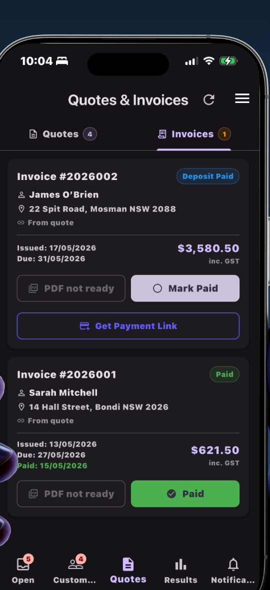 Leado invoices list showing James O'Brien with Mark Paid and Get Payment Link buttons, and Sarah Mitchell marked Paid